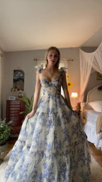 A-Line Long Blue Floral Prom Dresses Blue And White Prom Dress