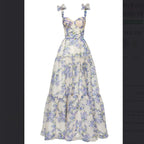 A-Line Long Blue Floral Prom Dresses Blue And White Prom Dress