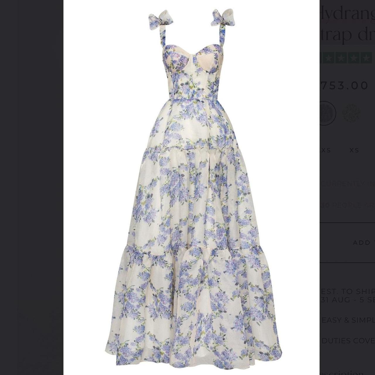 A-Line Long Blue Floral Prom Dresses Blue And White Prom Dress