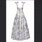 A-Line Long Blue Floral Prom Dresses Blue And White Prom Dress