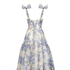 A-Line Long Blue Floral Prom Dresses Blue And White Prom Dress