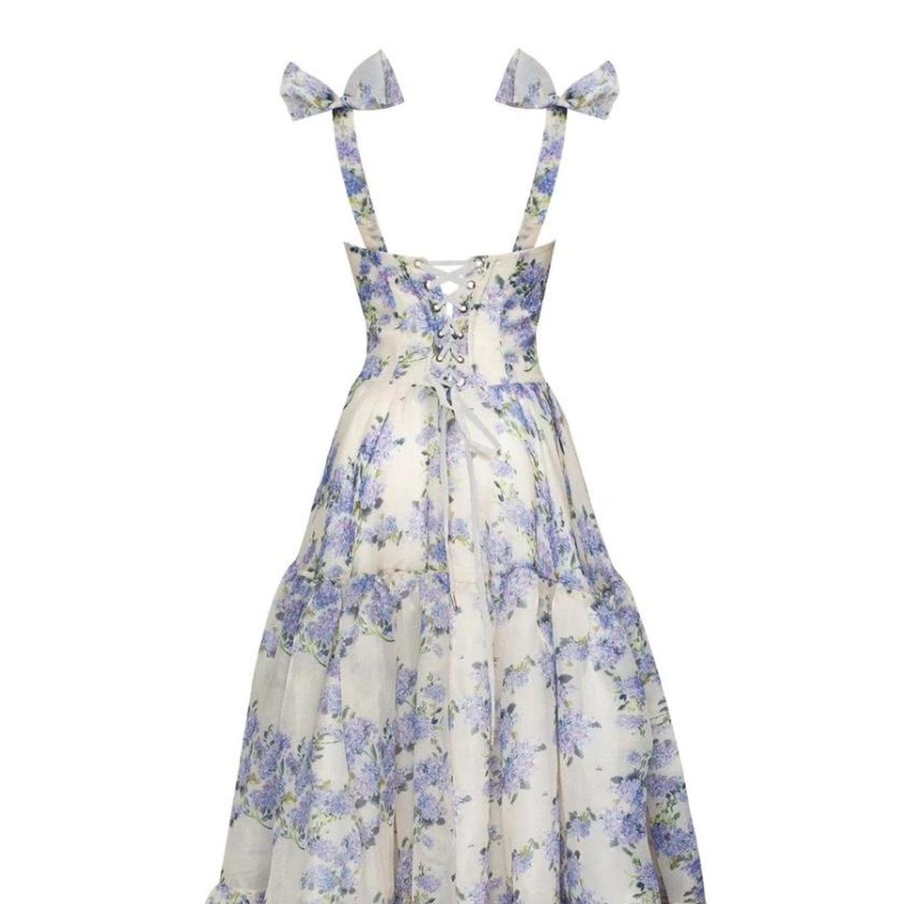 A-Line Long Blue Floral Prom Dresses Blue And White Prom Dress