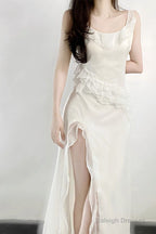 Sexy A Line Long Prom Dress Slit White Evening Dress