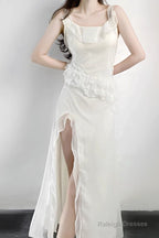 Sexy A Line Long Prom Dress Slit White Evening Dress