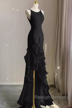 A-Line Long Senior Chiffon Black Prom Dresseses