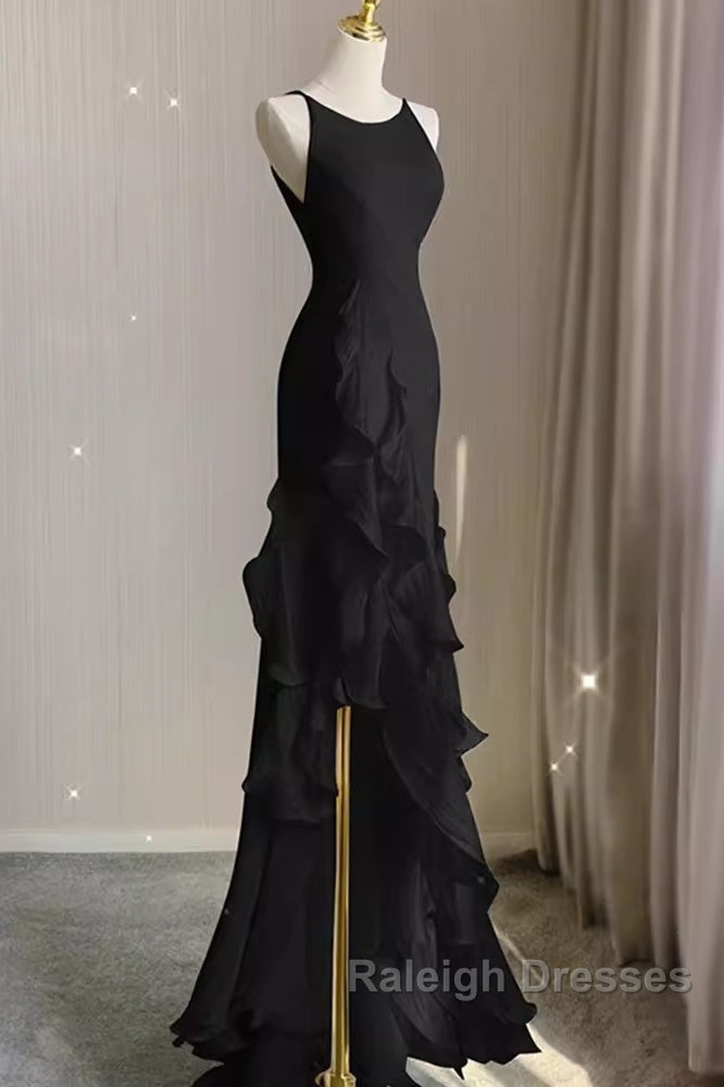 A-Line Long Senior Chiffon Black Prom Dresseses