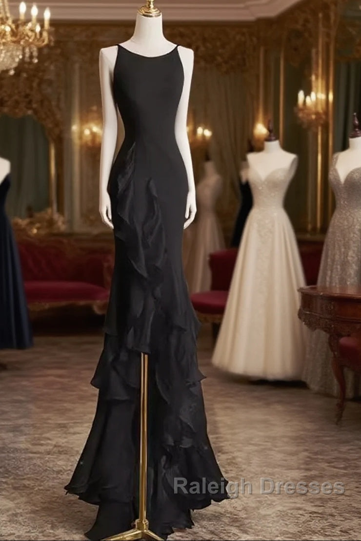 A-Line Long Senior Chiffon Black Prom Dresseses