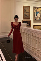 A-Line Long Sleeves Red Satin Prom Dress Birthday Outfits
