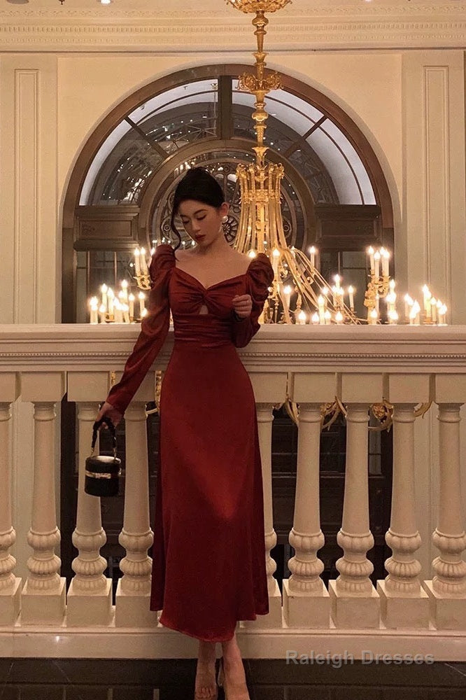 A-Line Long Sleeves Red Satin Prom Dress Birthday Outfits