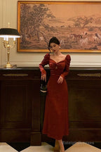 A-Line Long Sleeves Red Satin Prom Dress Birthday Outfits