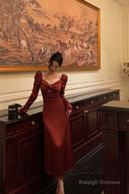 A-Line Long Sleeves Red Satin Prom Dress Birthday Outfits