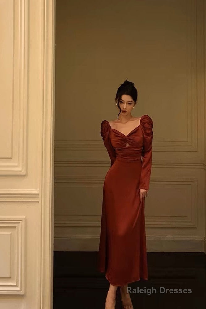 A-Line Long Sleeves Red Satin Prom Dress Birthday Outfits