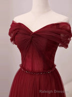 Sexy A Line Off The Shoulder Burgundy Tulle Floor Length Evening Dress Prom Dresses