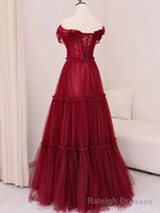 Sexy A Line Off The Shoulder Burgundy Tulle Floor Length Evening Dress Prom Dresses