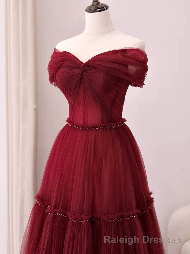 Sexy A Line Off The Shoulder Burgundy Tulle Floor Length Evening Dress Prom Dresses