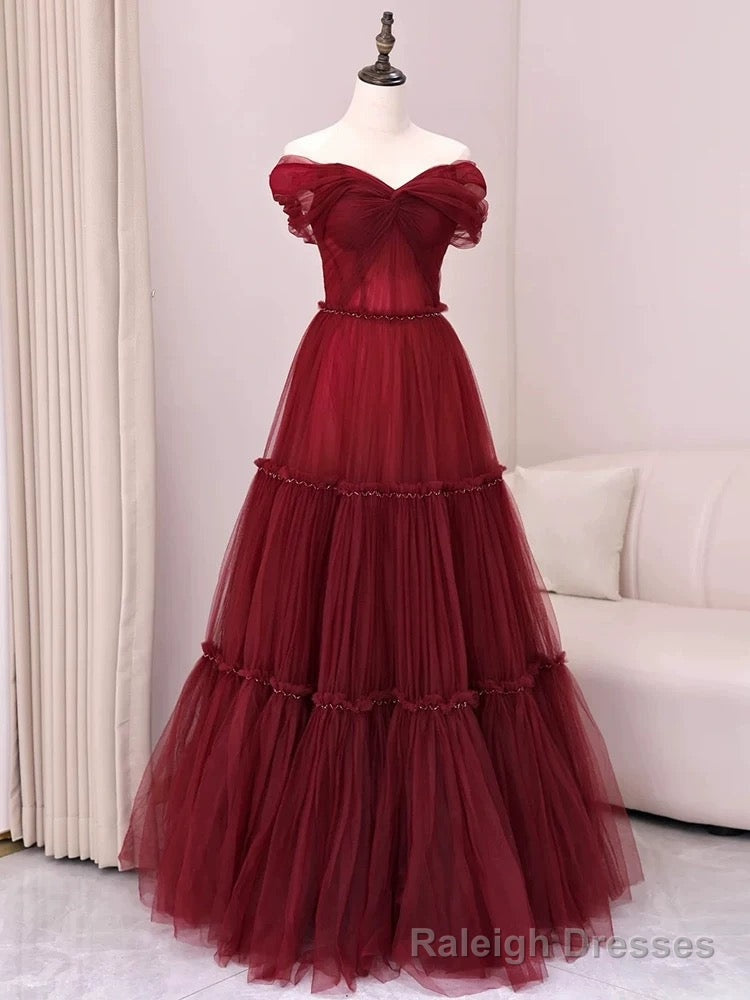 Sexy A Line Off The Shoulder Burgundy Tulle Floor Length Evening Dress Prom Dresses Main image