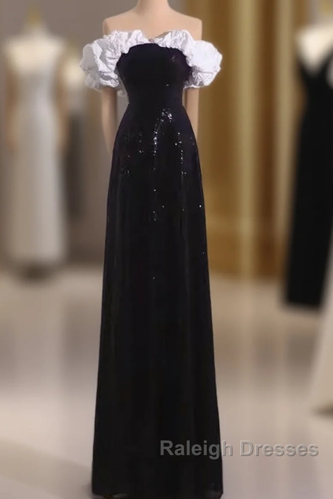 Sexy A Line Off The Shoulder Long Black Sequin Prom Dress Main image