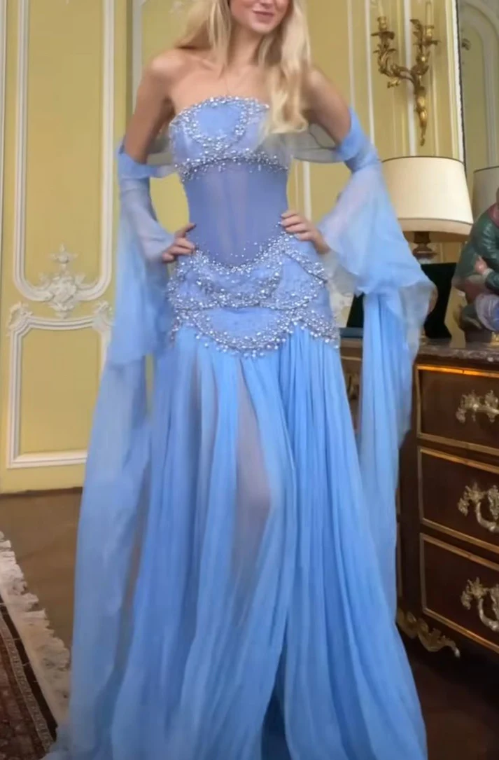 A-Line Off The Shoulder Maxi Long Prom Light Blue Chiffon Prom Dress Prom Dresses