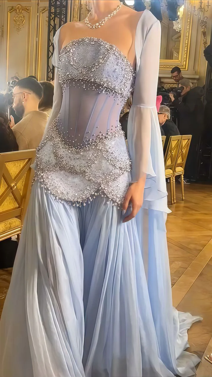 A-Line Off The Shoulder Maxi Long Prom Light Blue Chiffon Prom Dress Prom Dresses