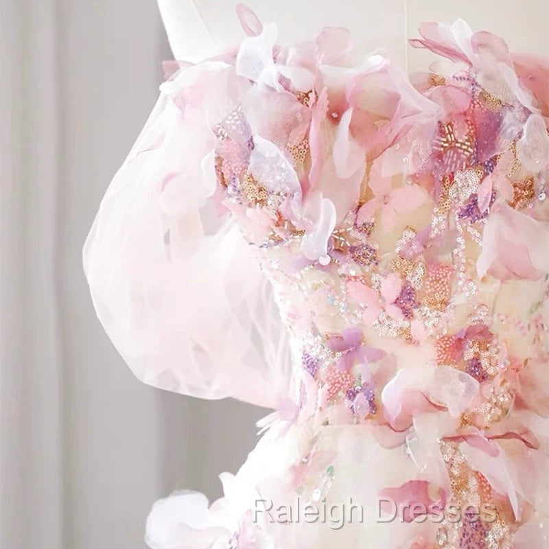 Sexy A Line Off The Shoulder Pink Tulle Floor Length Floral Prom Dresses Secondary image