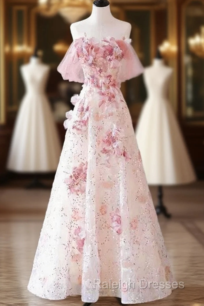 Sexy A Line Off The Shoulder Pink Tulle Floor Length Floral Prom Dresses Main image