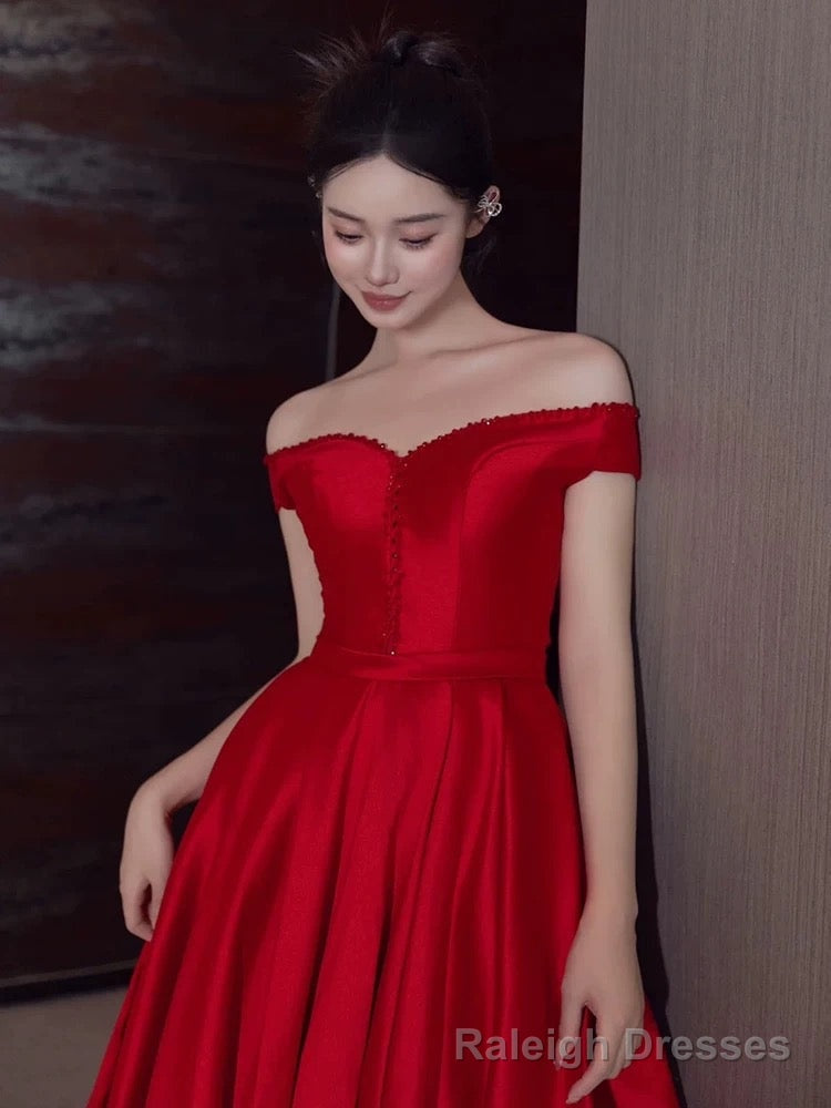 Sexy A Line Off The Shoulder Satin Red Floor Length Evening Dress Prom Dresses