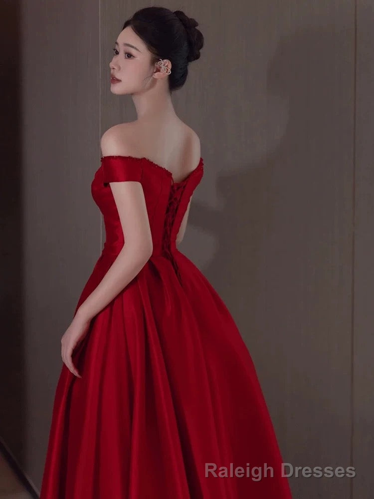 Sexy A Line Off The Shoulder Satin Red Floor Length Evening Dress Prom Dresses