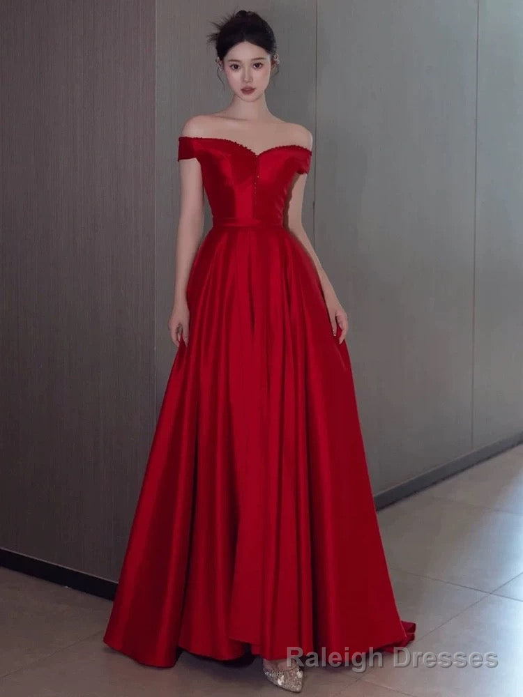 Sexy A Line Off The Shoulder Satin Red Floor Length Evening Dress Prom Dresses Main image