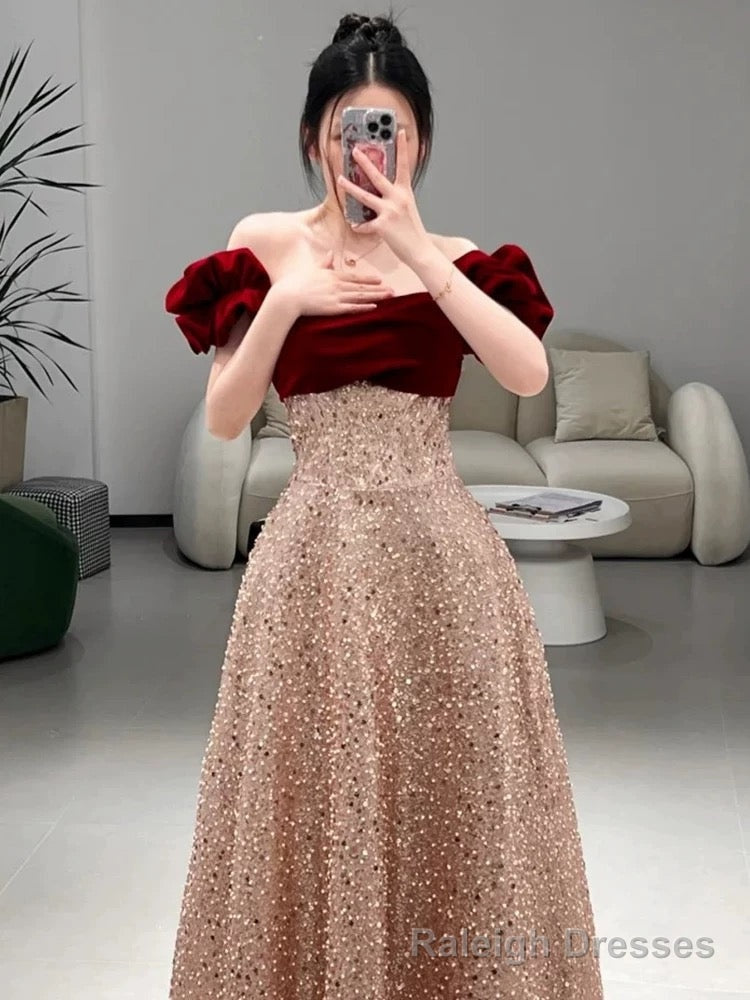 Sexy A Line Off The Shoulder Sequin Floor Length Evening Dress Prom Dresses