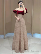 Sexy A Line Off The Shoulder Sequin Floor Length Evening Dress Prom Dresses