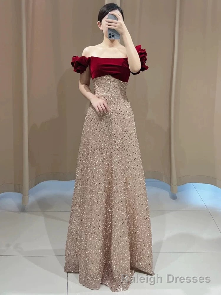 Sexy A Line Off The Shoulder Sequin Floor Length Evening Dress Prom Dresses