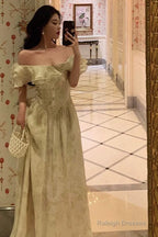 A-Line Off The Shoulder Short Sleeves Floral Prom Dress Birthday Outfits Prom Gowns