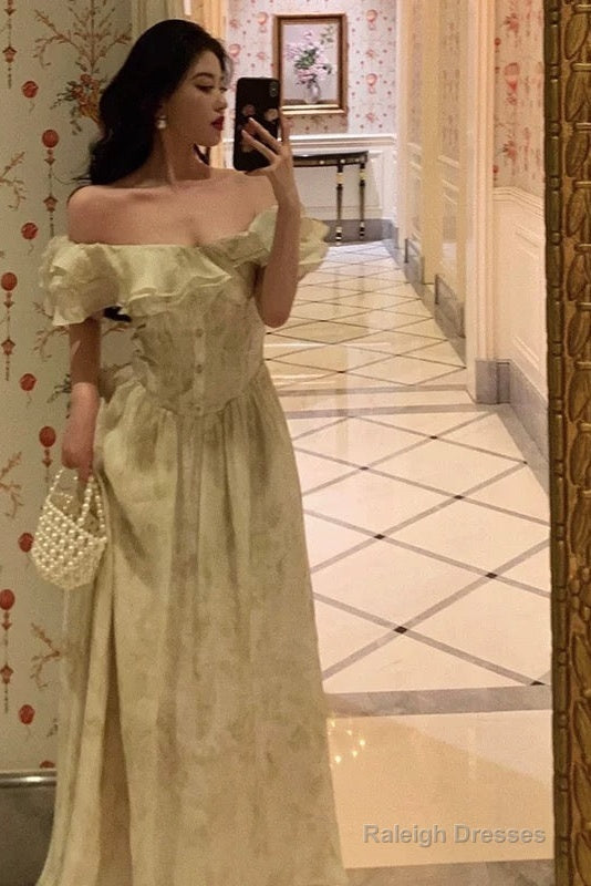 A-Line Off The Shoulder Short Sleeves Floral Prom Dress Birthday Outfits Prom Gowns