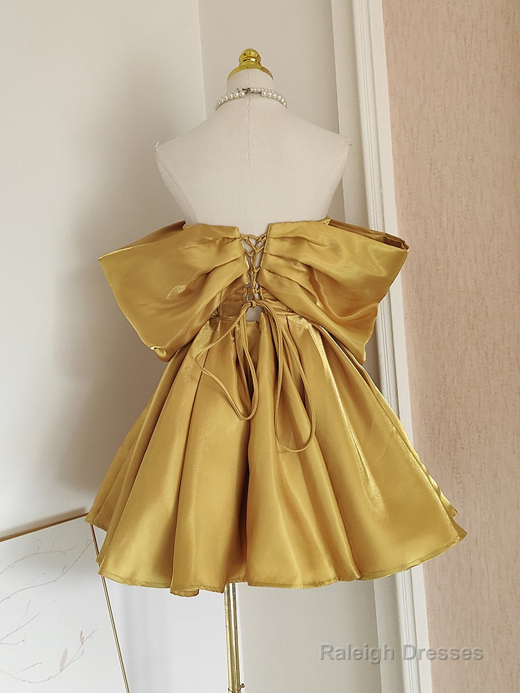 Sexy A Line Off The Shoulder Yellow Satin Travel Vacation Dresses Short Birthday Dress Secondary image