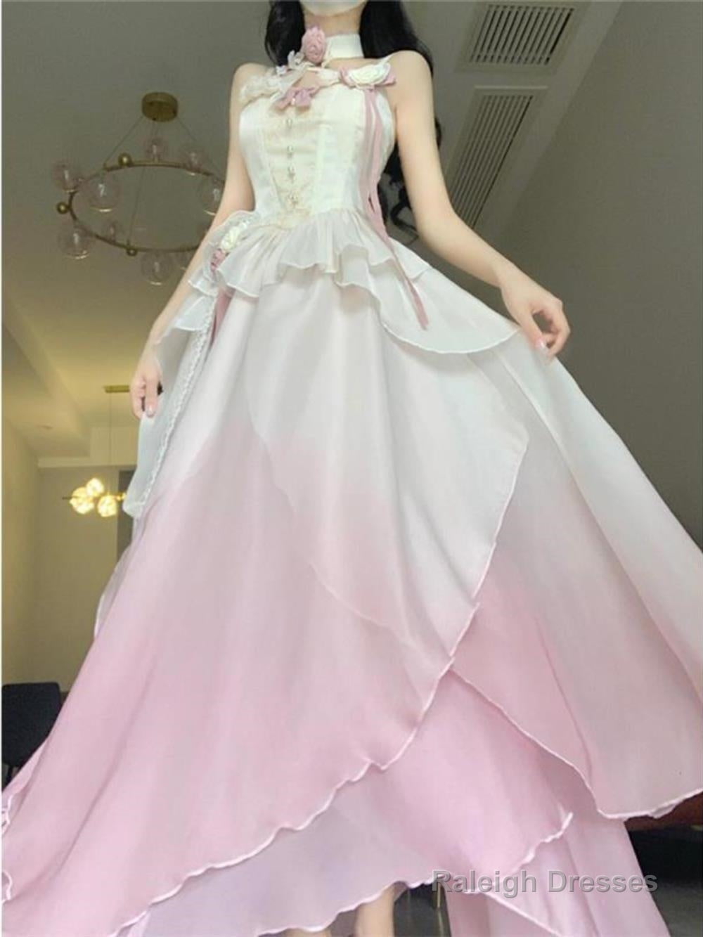 A-Line Ombre Pink Chiffon Dresses Prom Dress Long Night Dresses Birthday Outfits