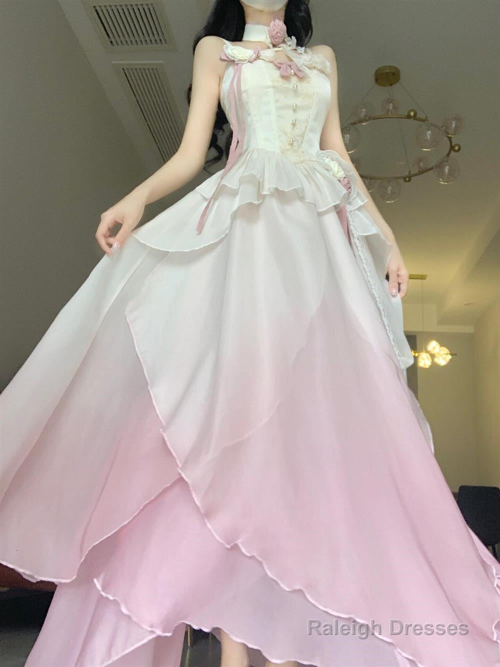 Sexy A Line Ombre Pink Chiffon Dress Long Prom Dresses Night Dress Birthday Outfits Main image