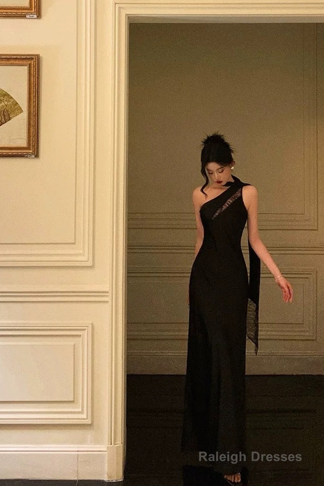 A-Line One Shoulder Black Floor Length Prom Dress Birthday Dresses