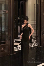 A-Line One Shoulder Black Floor Length Prom Dress Birthday Dresses