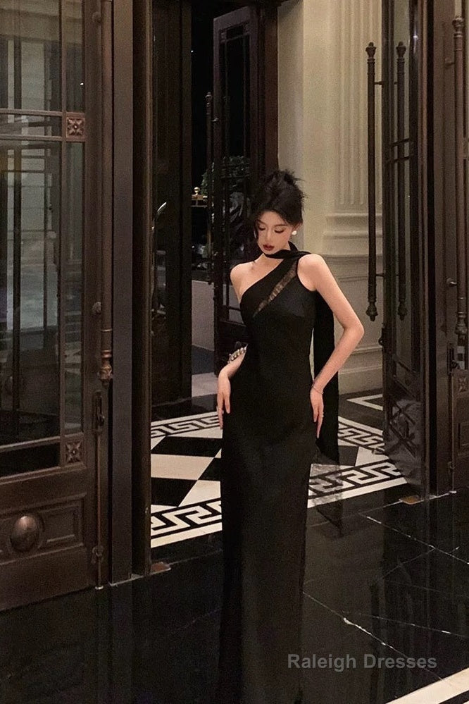 A-Line One Shoulder Black Floor Length Prom Dress Birthday Dresses