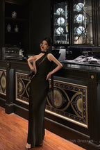 A-Line One Shoulder Black Floor Length Prom Dress Birthday Dresses