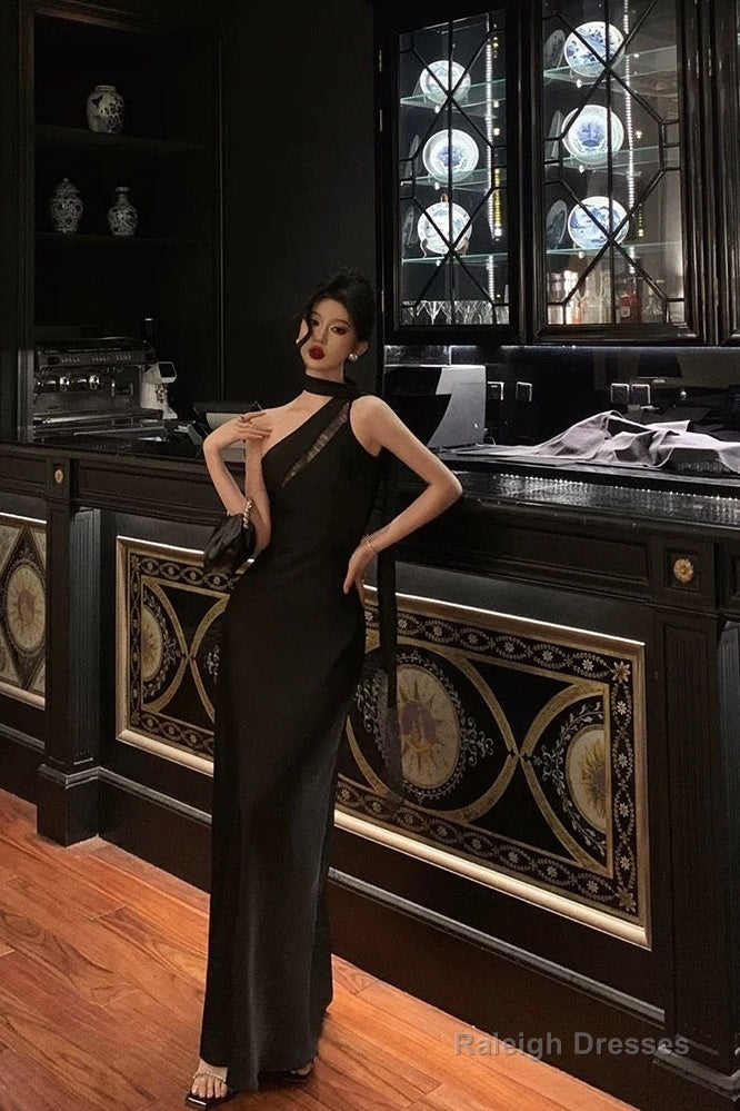 A-Line One Shoulder Black Floor Length Prom Dress Birthday Dresses