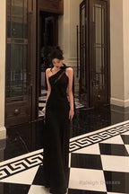 A-Line One Shoulder Black Floor Length Prom Dress Birthday Dresses