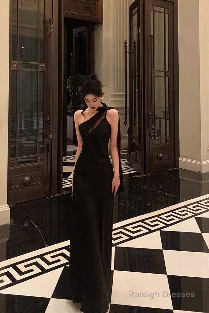 A-Line One Shoulder Black Floor Length Prom Dress Birthday Dresses