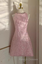 A Line Scoop Pink Sequin Travel Vacation Dresses Short Birthday Dresses