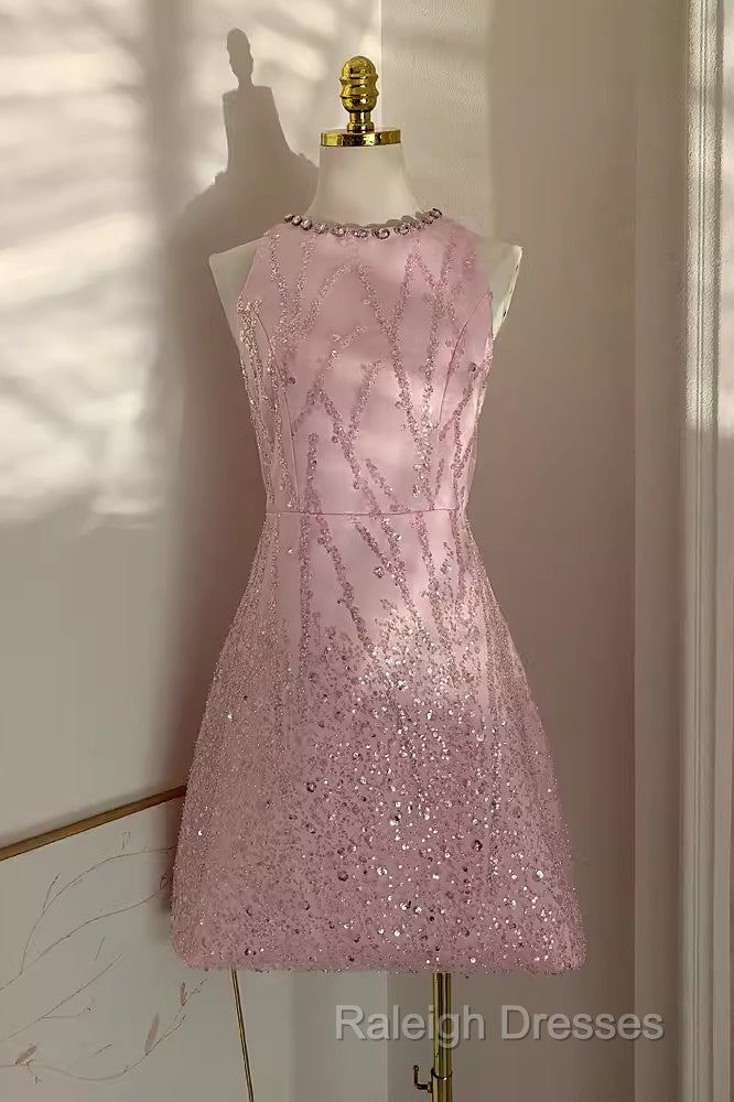 A Line Scoop Pink Sequin Travel Vacation Dresses Short Birthday Dresses