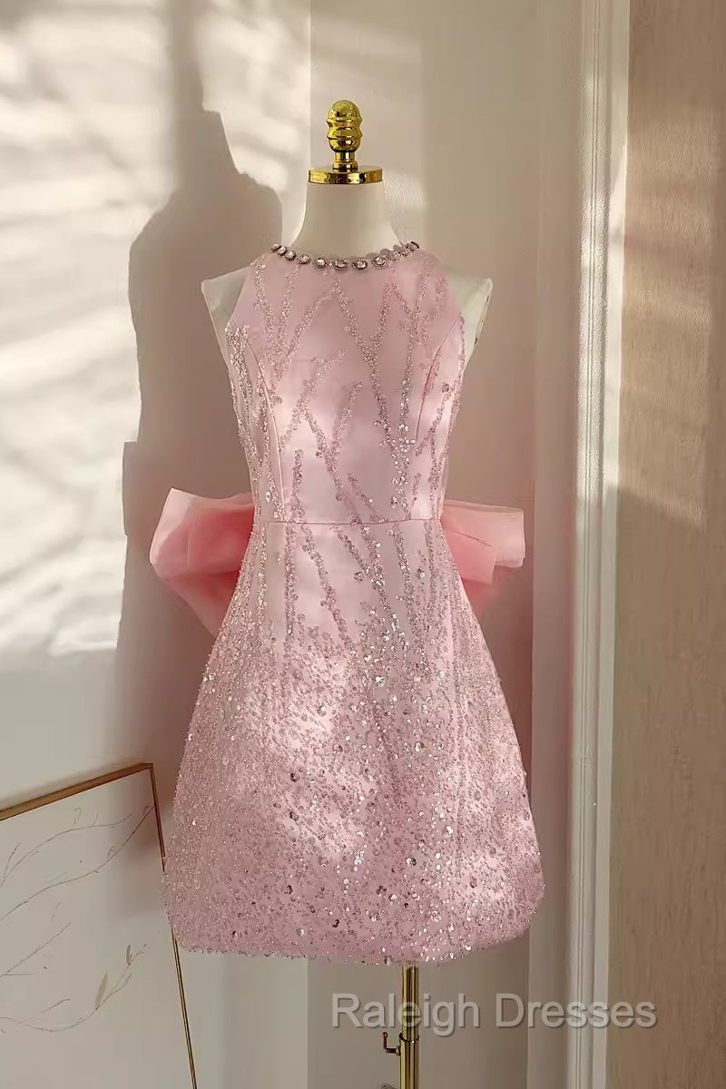 A Line Scoop Pink Sequin Travel Vacation Dresses Short Birthday Dresses