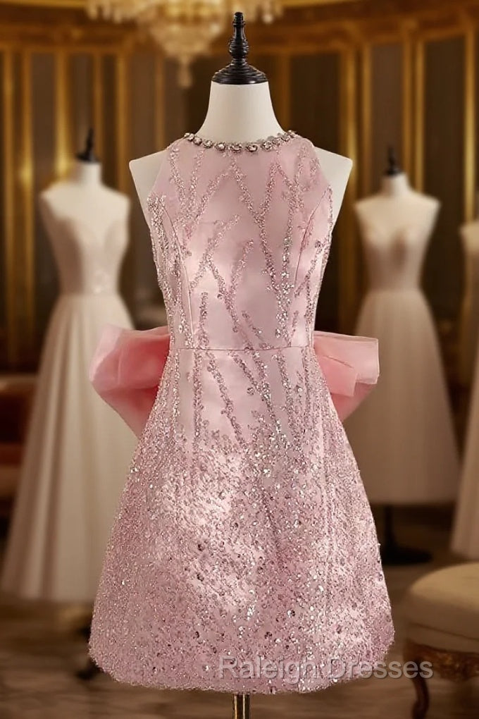 A Line Scoop Pink Sequin Travel Vacation Dresses Short Birthday Dresses