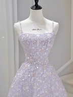 A-Line Sleeveless Pink Floral Long Prom Dresses
