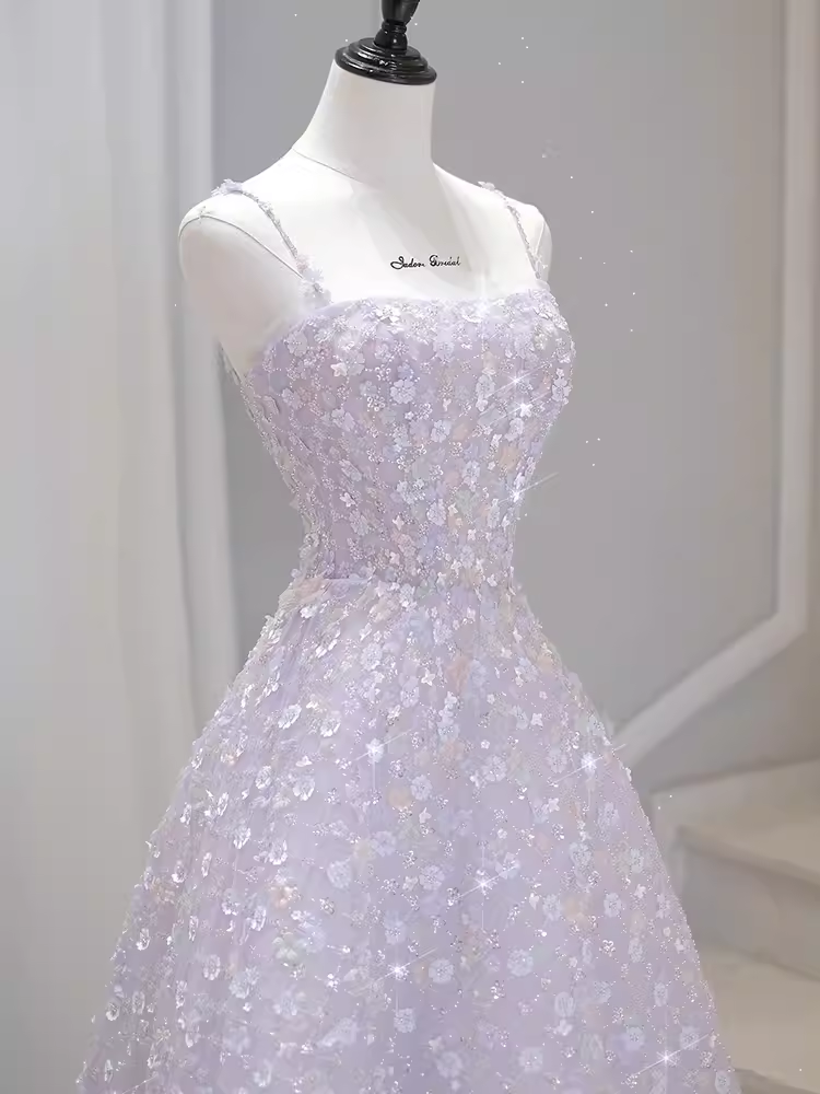 A-Line Sleeveless Pink Floral Long Prom Dresses