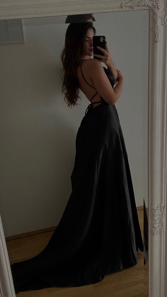 Sexy A Line Spaghetti Straps Black Long Formal Prom Dress